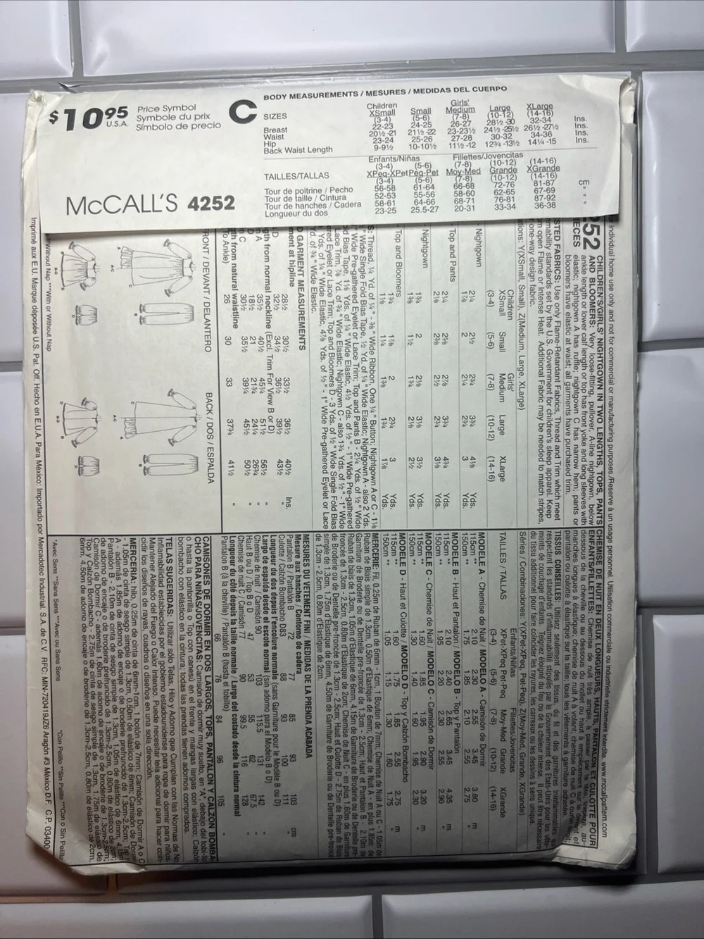 McCALL'S Girls' Red Nightgown Sewing Pattern - Style 4252